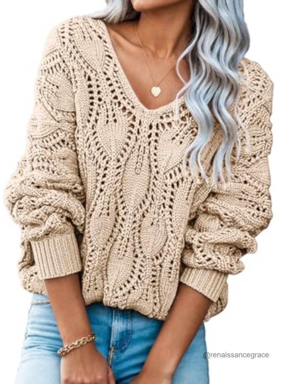 Womens V Neck Crochet Hollow Out Pullover Sweater Long Sleeve Loose Knit
